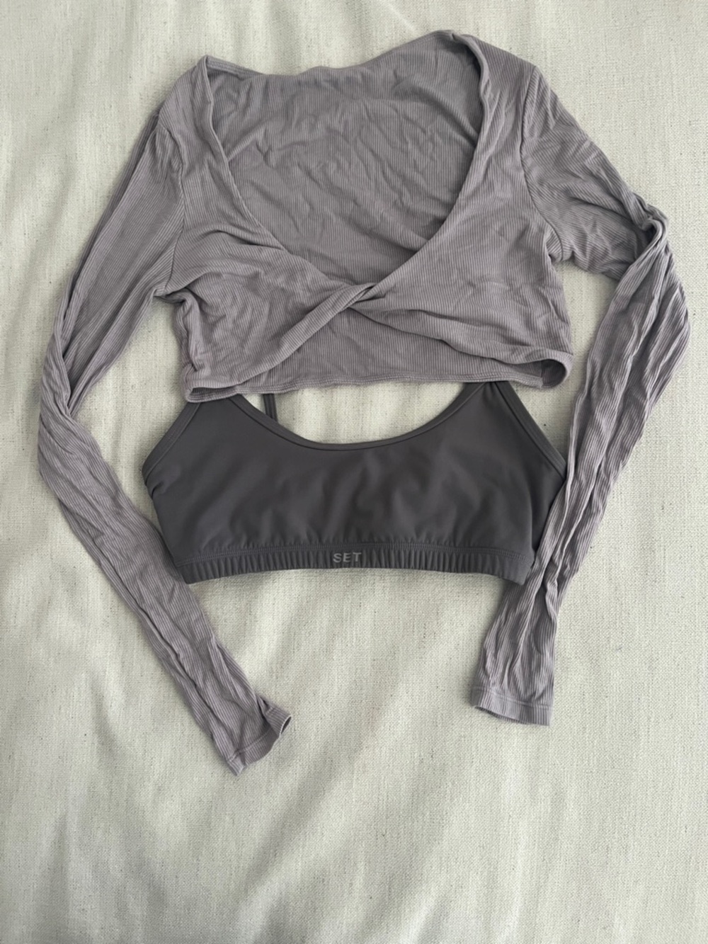 SET Active Lavender Long-Sleeve Crop and Charcoal Bralette Set Breathe Under Top